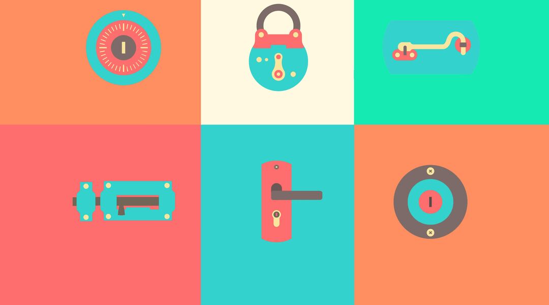 Illustration of colored blocks each containing type of lock such as deadbolt or pad lock. 
