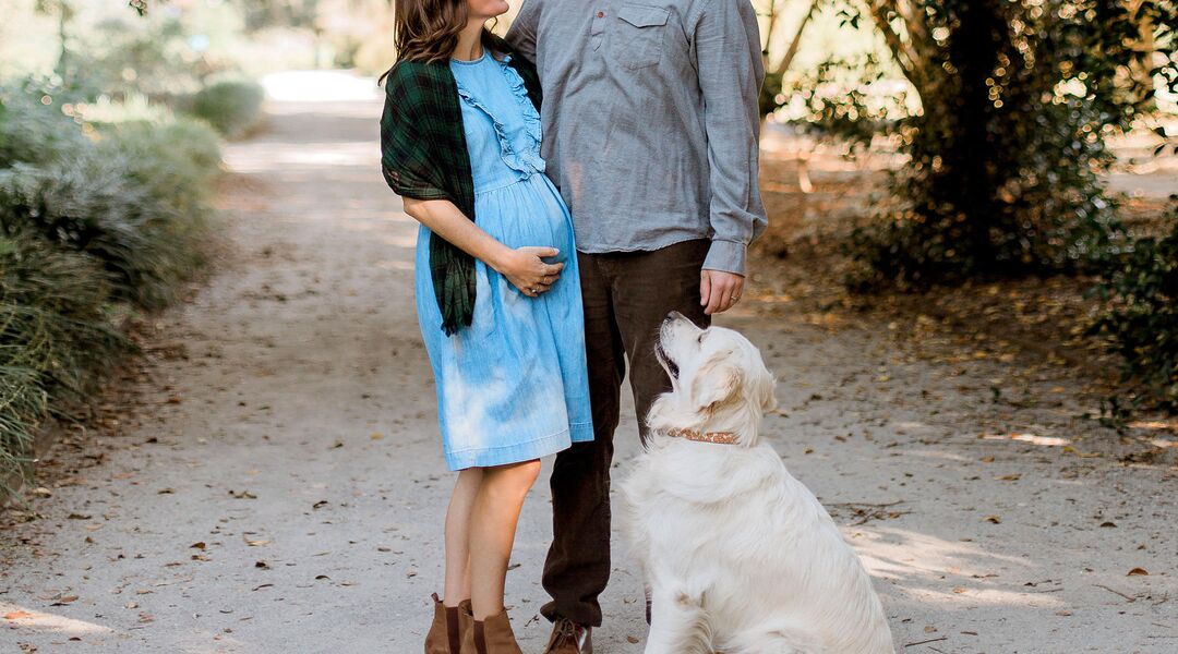 pregnant couple walking outside with pet dog