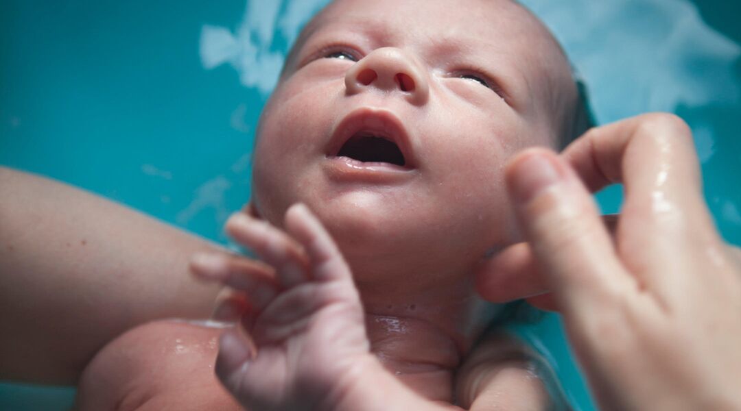 Newborn in bath water with look of wonder in eyes.  
