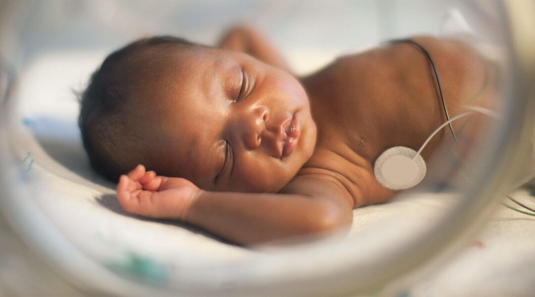 preemie baby resting in incubator in the hospital