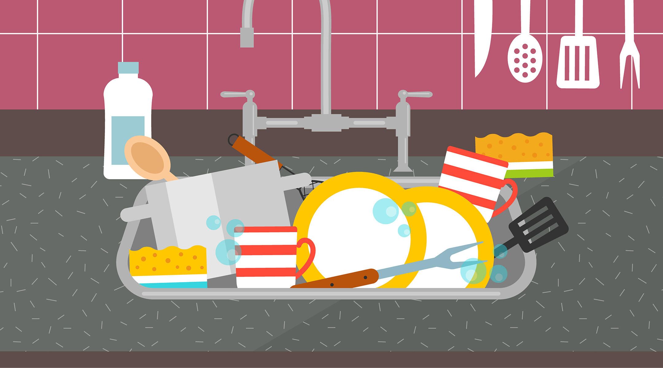 Process washing. Dirty dishes in the Sink illustration.