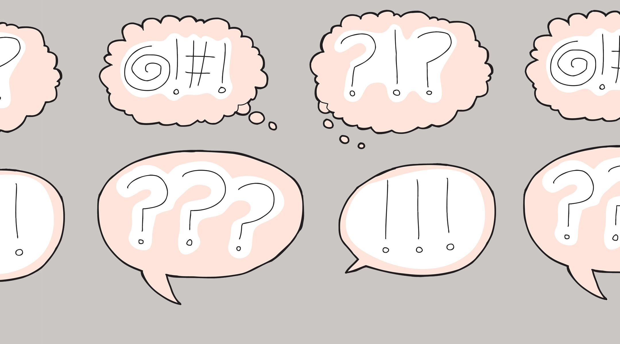 Illustration of various speech bubbles containing expressive punctuation marks.