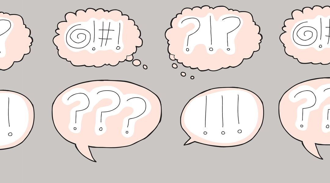 Illustration of various speech bubbles containing expressive punctuation marks.