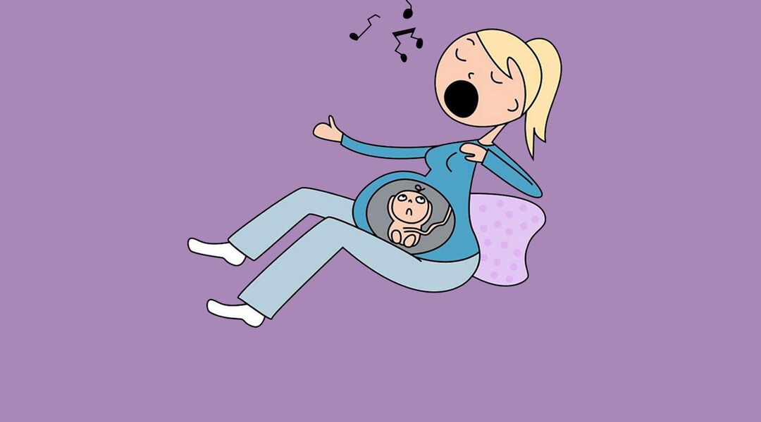 comic illustrations poking fun at pregnancy mom singing to baby in utero 