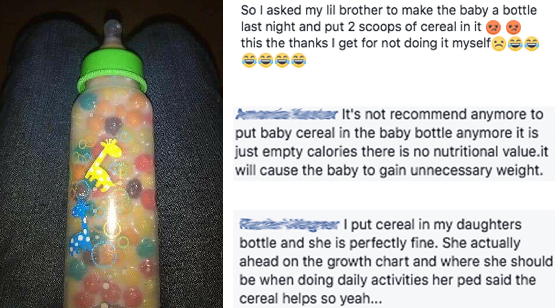 adding cereal to bottle